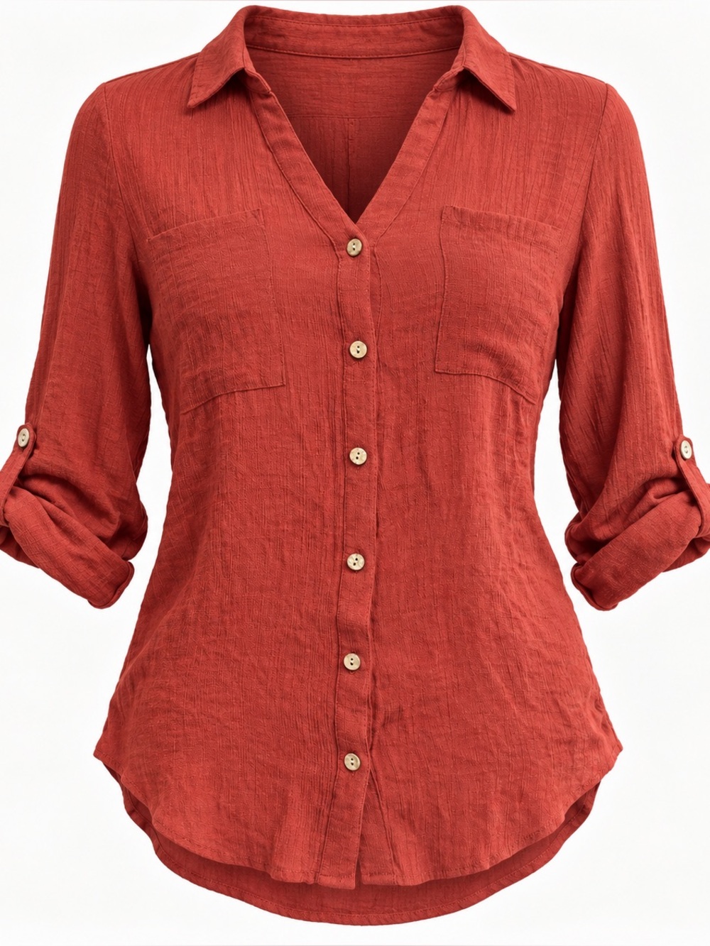 By & By Rust Burnt Orange Button Down Blouse Medium Roll Tab Sleeves Boho Top